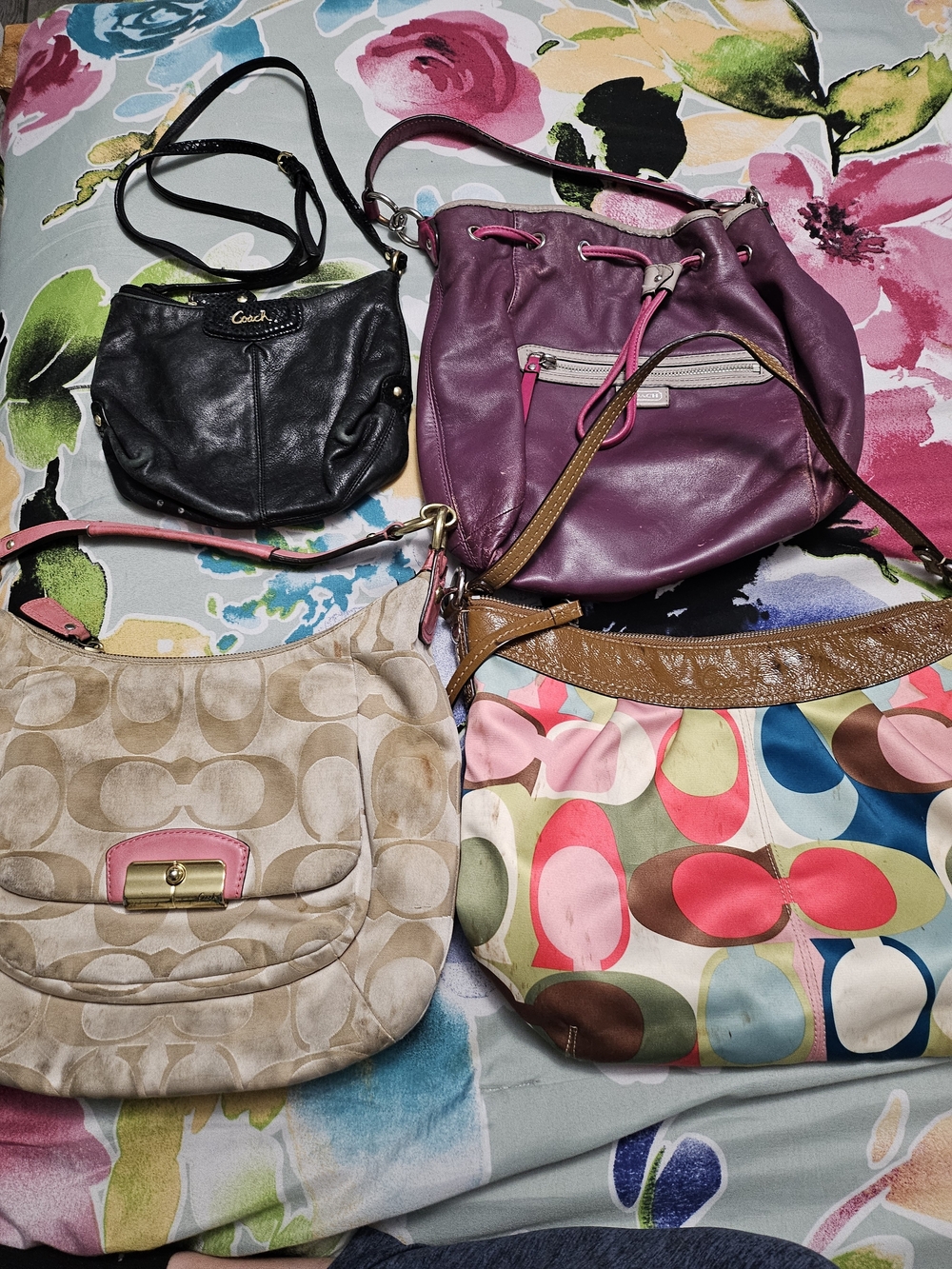 Coach Mixed Bag Set — Purple Leather Drawstring & Assorted Coach Shoulder Bags